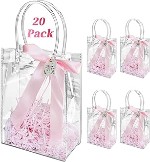 20 Pack Clear Party Favor Bags Thank You Gift Bags with Handles for Birthday, Wedding, Bridal shower, Bridesmaid Return Present Wrap, Medium Size, 7.87X5.91, Inches PVC Plastic Material