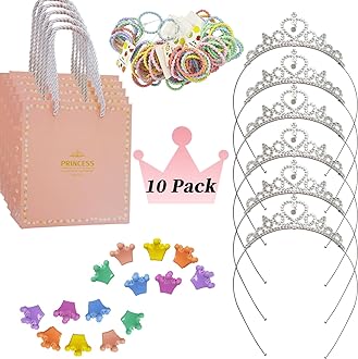 10 Pack Princess Party Favors with Gift Bags for Girls Birthday Goodie Bags, Girl Tiara Crown Set, Including 10 Rhinestone Tiaras, 100 Hair Ties, 40 Hair Clips