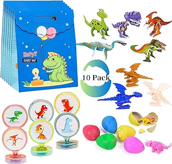 shinyrize 10 Pack Dinosaur Party Favors with Gift Bags for Birthday Goodie Bags, Boy and Girl Party Favor Bulk Set