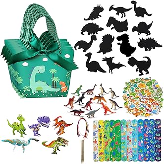 shinyrize 12 Pack Dinosaur Party Favors with Gift Bags for for Boys Girls Birthday Goodie Bags, 108 PCS Including Dinosaur Models, Scratching Paper Arts, Slap Bracelets, Stickers