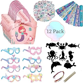 shinyrize 12 Pack Mermaid Party Favors with Gift Bags for Girls Birthday Goodie Bags, 96 PCS Including Mermaid Paper Eyeglasses, Scratching Paper Arts, Slap Bracelets, Stickers