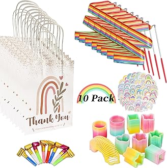 shinyrize 10 Pack Rainbow Party Favors with Gift Bags for Birthday Goodie Bags, Girl and Boy Party Favor Bulk Set, Including 10 Rainbow Dance Ribbons, 10 Whistles, 48 Stickers, 10 Rainbow Coil Rings